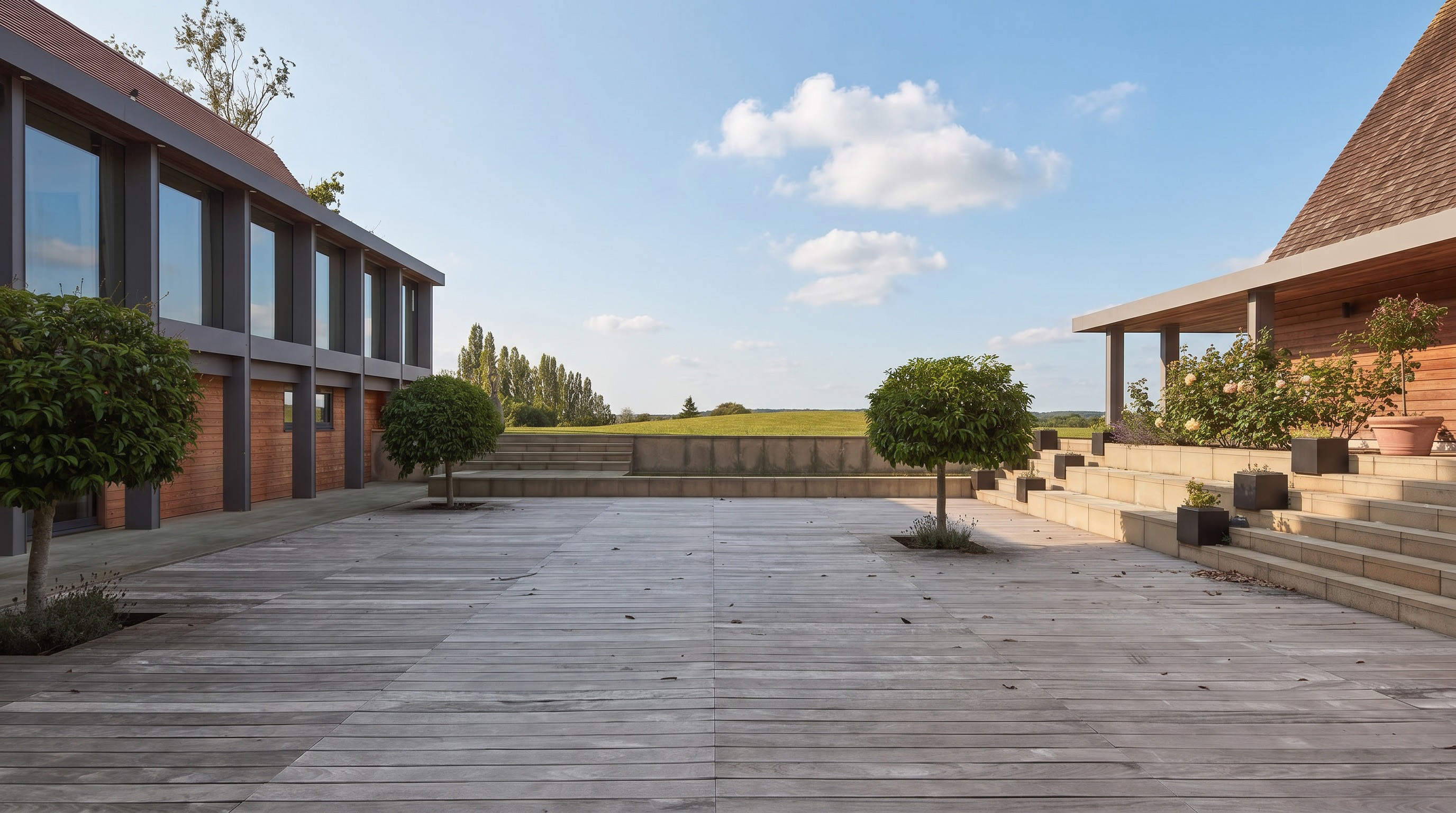Timber-decked courtyard at Hill Close opening to fields beyond the garden wall