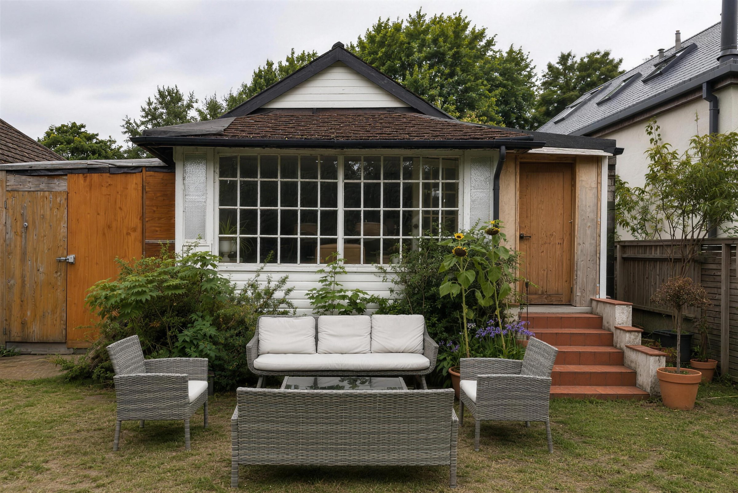 The original white weatherboard bungalow, seen square-on across its garden