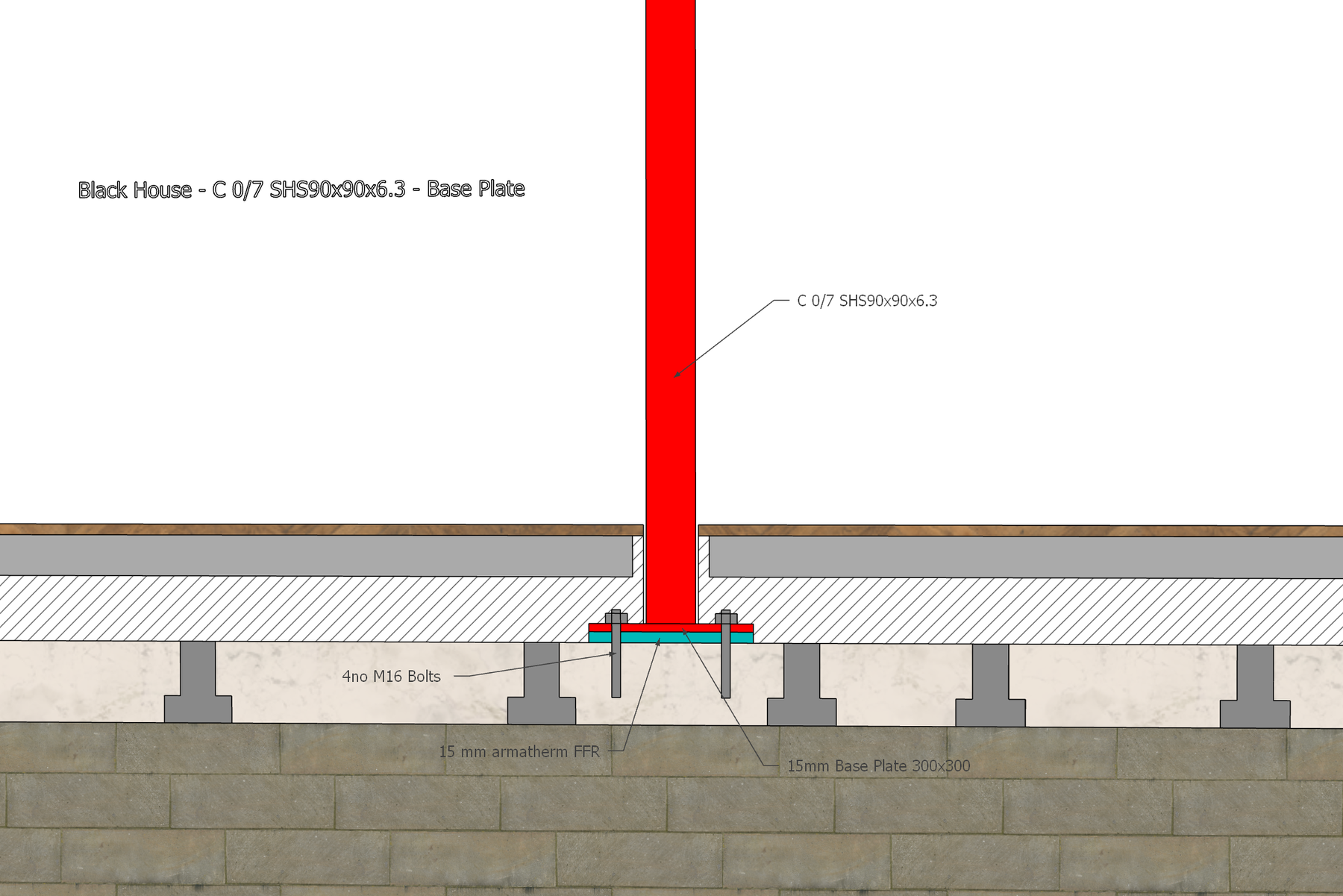 Steel column base plate detail with a thermal break beneath the plate