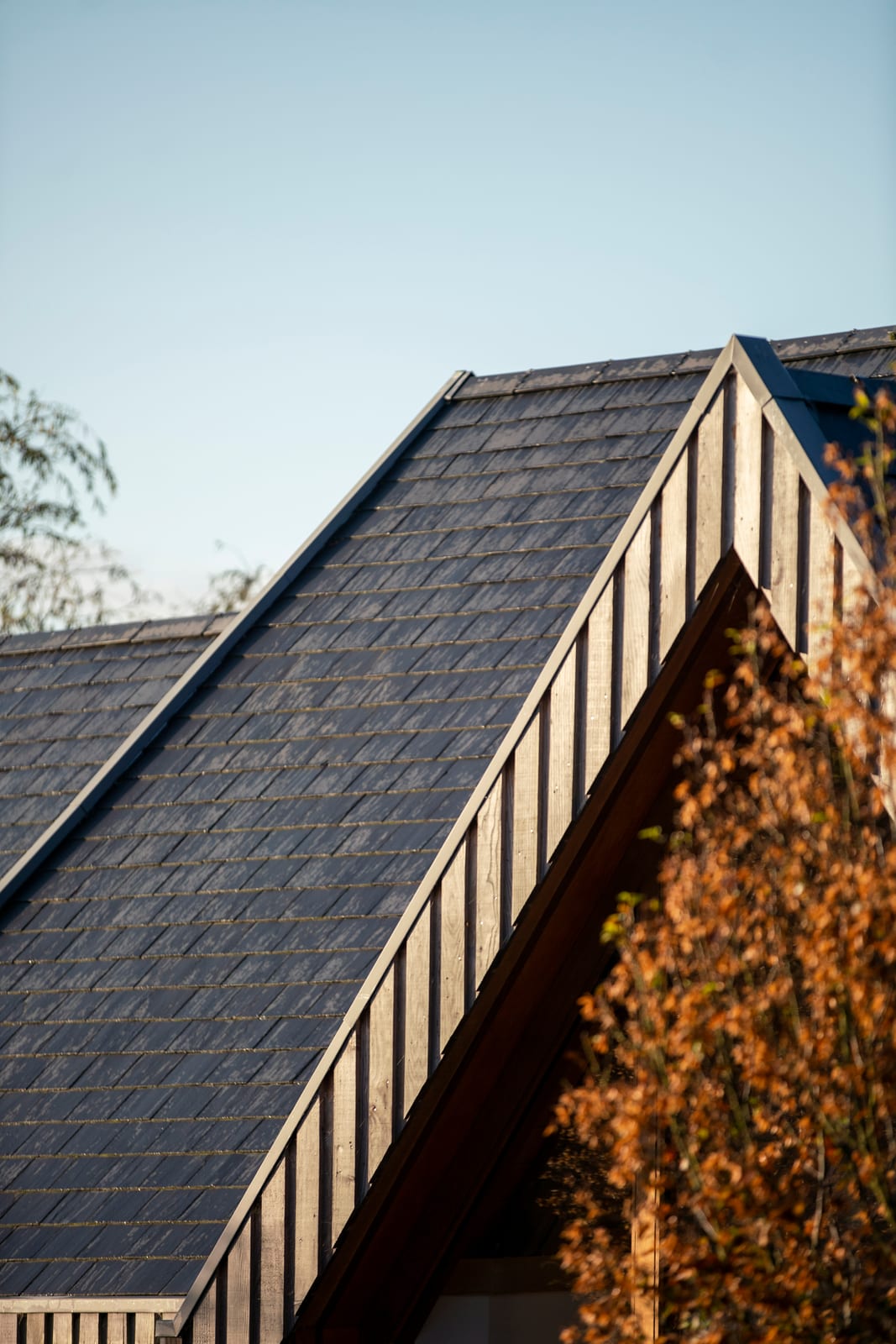 Slate and timber roofs meeting at the ridge against a clear sky