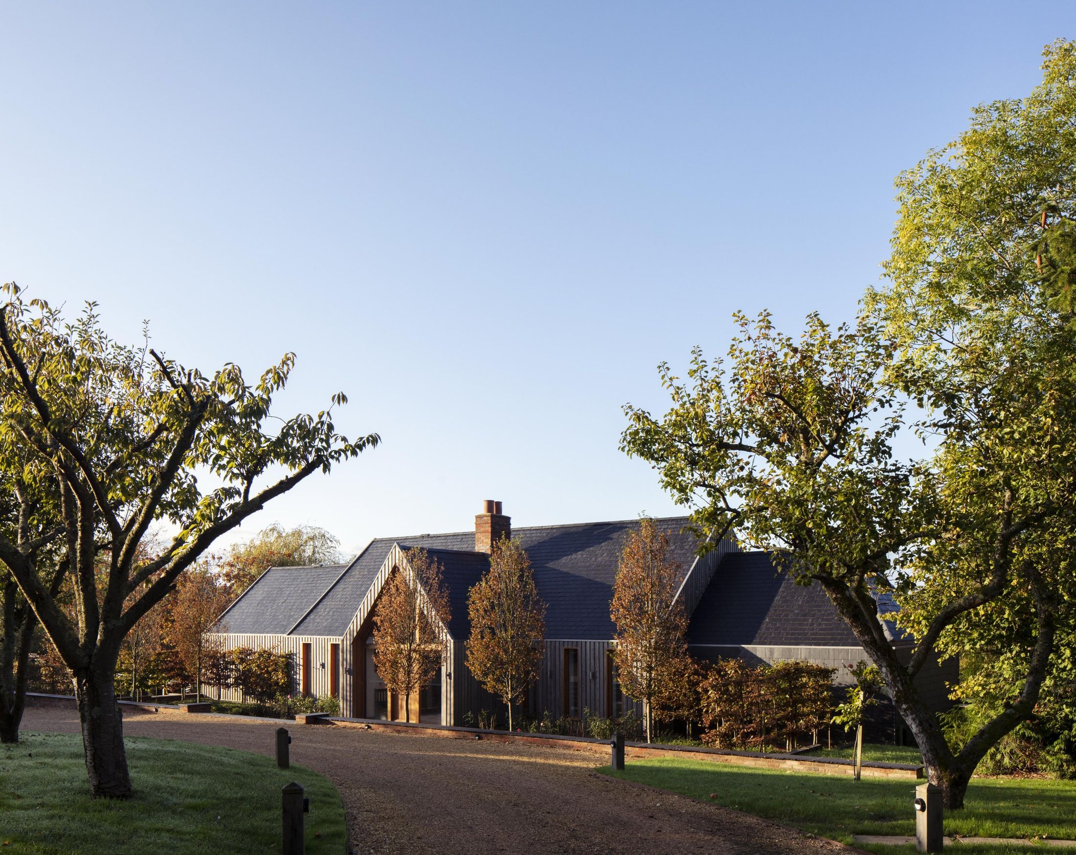 New build house in brick and timber among mature trees, seen from the garden