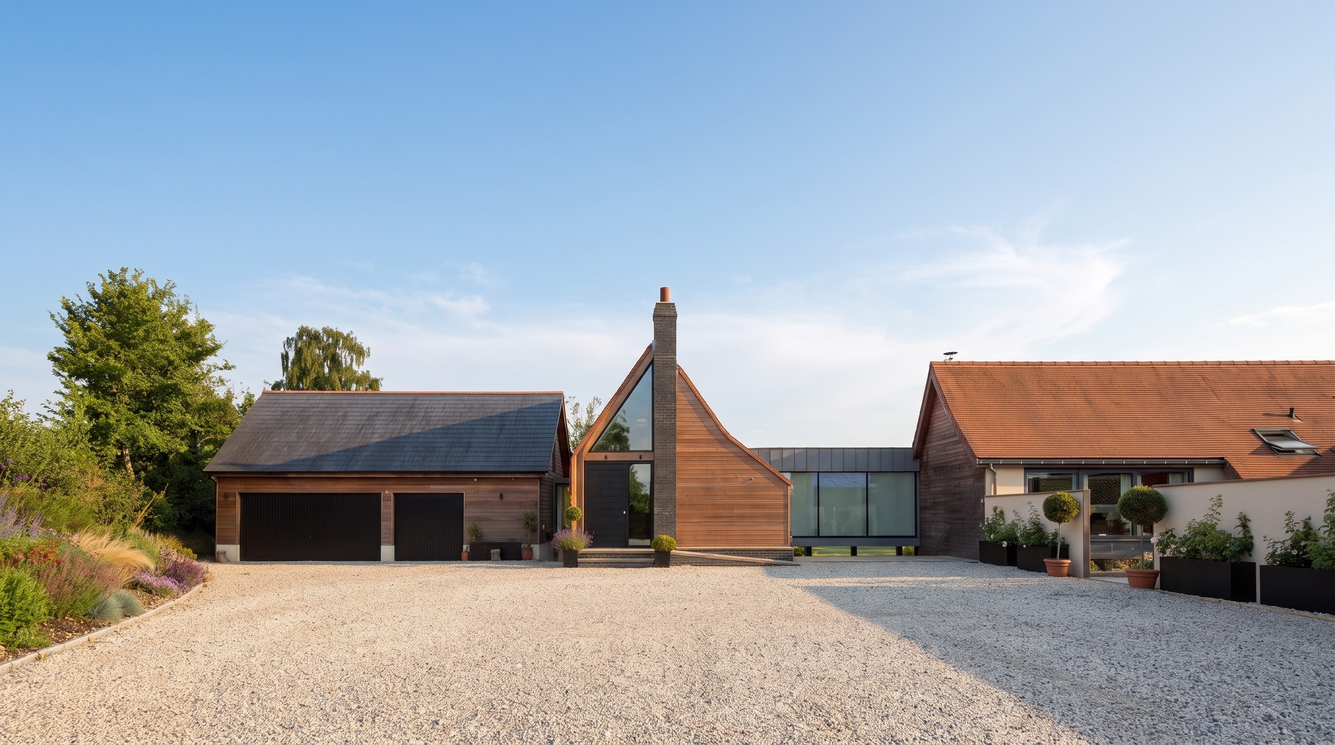 New build home of three interlocking wings in brick and timber, seen across the gravel drive at golden hour