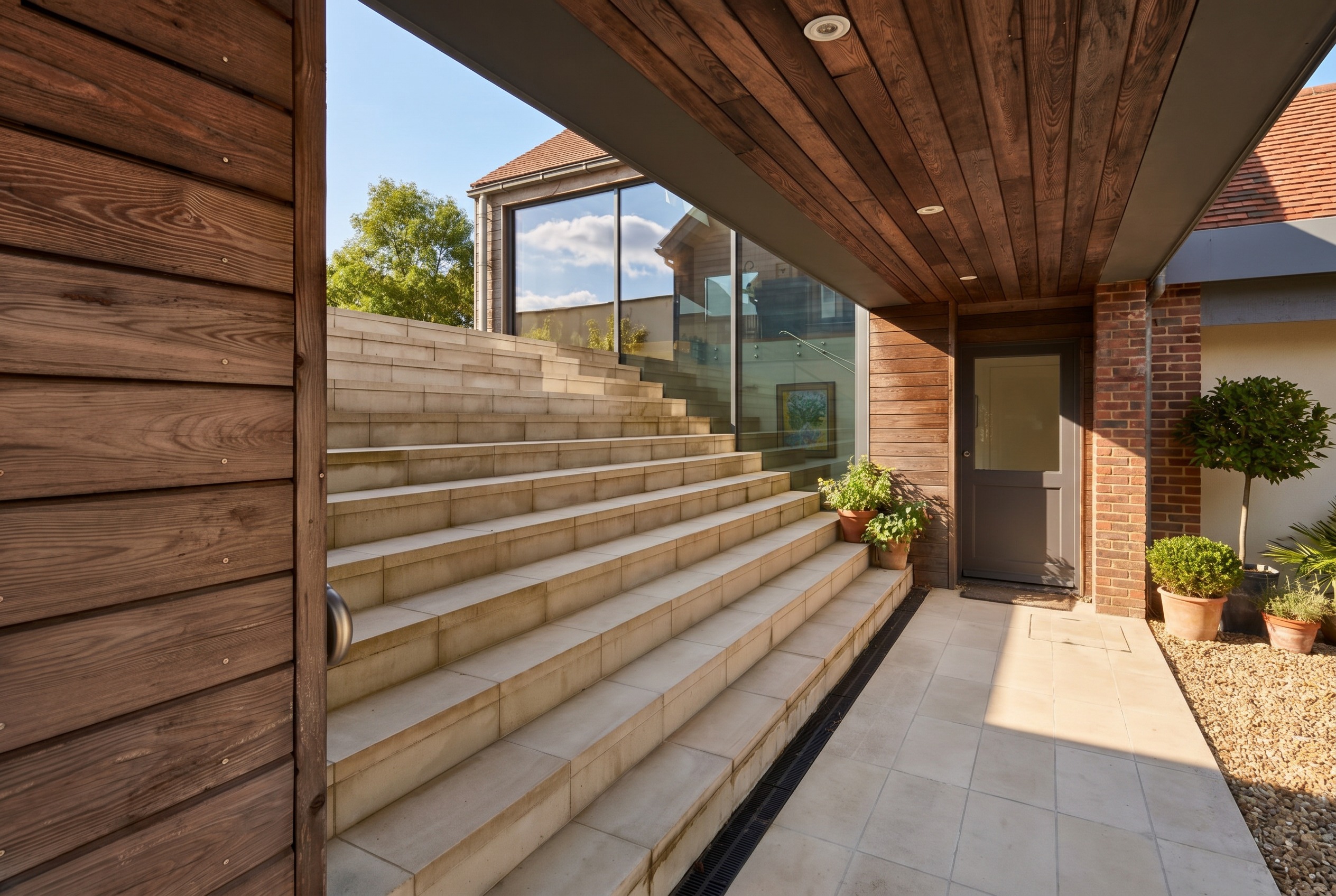 Wide stone steps rising beside the glazed link under the entrance canopy