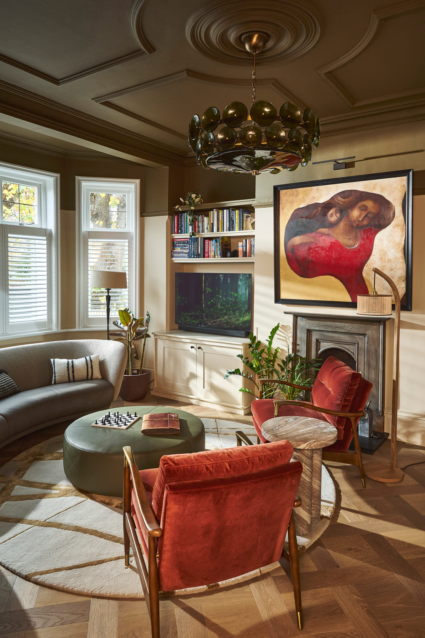 Drawing room with panelled ceiling, bay window, and joinery-lined alcoves