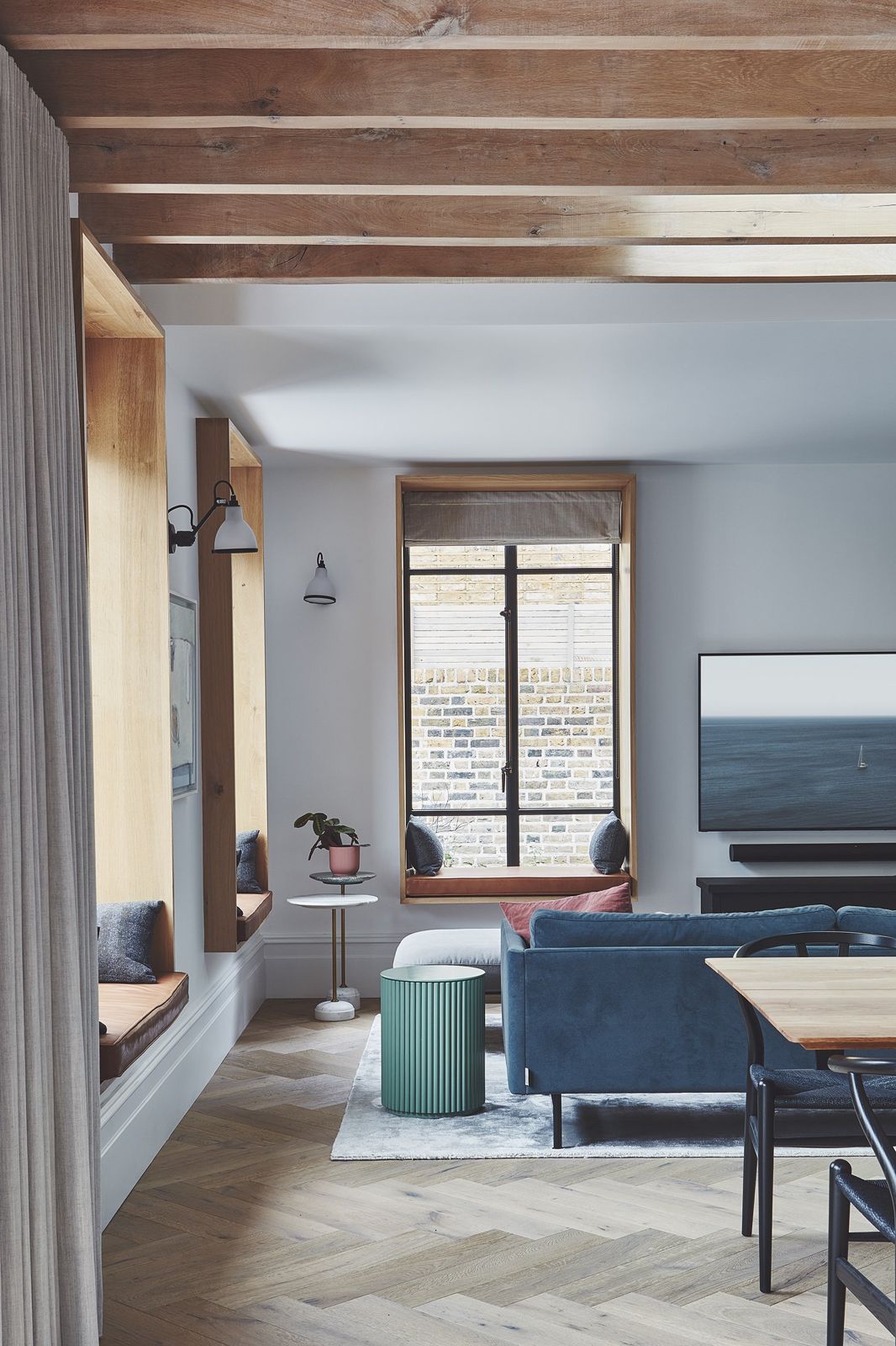 Window seat in an oak surround overlooking the garden