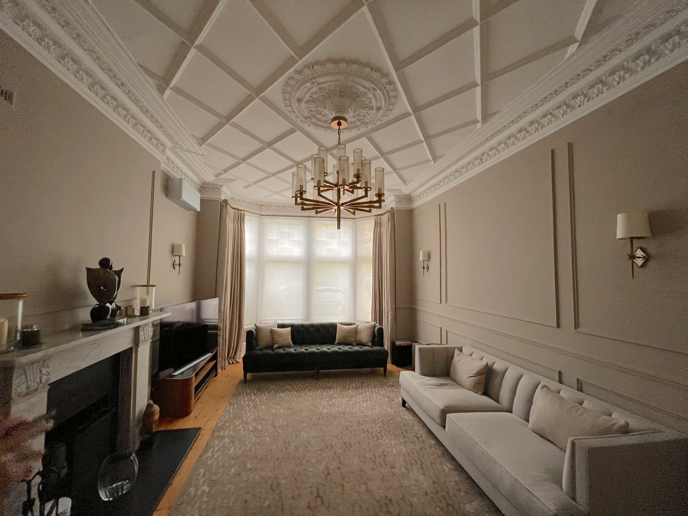 Reception room before works with lattice plaster ceiling, ceiling rose and marble fire surround